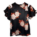 Ganni  Cold Shoulder Floral Satin Ruffle‎ Sleeve Blouse Size XS Photo 1
