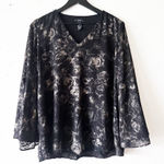 Alfani  Black Metallic Burnout Bell Sleeve Blouse Women’s Medium Photo 0
