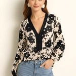 Nicole Miller Black White Floral Top Size 12 L/XL Sheer Blouse Long Sleeve Top Photo 0