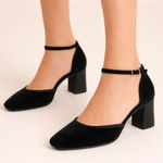 Nina  Maddox Black Velvet Satin Ankle Strap Block Heels Women 8.5 M Photo 0