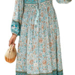 R. Vivimos Boho Floral Maxi Dress‎ Long Sleeve V Neck Tie Tassel Empire Waist Blue Size XL Photo 0
