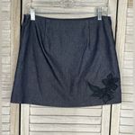 EXPRESS  Stretch Denim Mini Skirt w Leather Floral Applique Dark Blue/Black-3/4 Photo 1