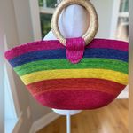 Vintage Pink Rainbow Striped Extra Large Raffia Straw Basket Bag Beach Travel Photo 6