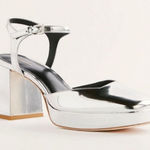 Reformation  Silver Metallic Platform Block Heels Size 7 | Square Toe Party Shoes Photo 0