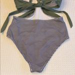 Medium Olive Sage Green Black White Striped Monokini One Piece Swimsuit Photo 8
