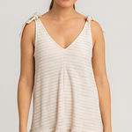 Loft  Bow Strap Button Front Linen Stripes Flounce Dress Ivory Multi-Color Medium Photo 0