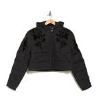Free People  RARE Fleur de Lis Black Denim Hoodie Puffer Jacket Medium NEW Photo 4
