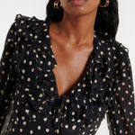 RIXO Lasca Ruffled Silk Polka Dot Blouse in black and white Size 6 Photo 0