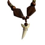 Adjustable Shark Tooth Pendant Necklace with Wooden Beads Unisex Brown Photo 2