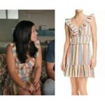 Saylor  Dress Women XL Multicolor Striped‎ V Neck Smocked Ruffle Trim Alma Mini Photo 3