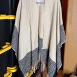 Free People NWOT  Cream Black Fringe Knit Sweater Poncho Shawl Border Print OSFA Photo 3