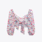 ZARA  White Colorful Floral Fairy Boho Smocked Tie Back Linen Blend Crop Top Photo 4