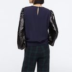 J.Crew  Black Sequin Sleeve Crepe Blouse in Navy Size Medium Holiday Preppy Photo 8