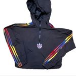 Adidas Women’s Black Rainbow Cropped Windbreaker Hoodie SZ S Trefoil Stripe Photo 0