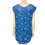 CCC Retro Blue Bird Print Blouse Mesh Cap Sleeve Mod Top Artsy Vintage Style Med Photo 3