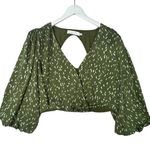 ASTR The Label Wrap Top Green XL Puff Sleeve V-Neck Cropped Satin Smocked Back Photo 0