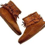 Minnetonka Double Fringe Suede Moccasin Booties Leather Brown Women’s 9 Zip Up Photo 0