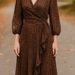 NEW KOKO + MASON Leopard Print Ruffle Midi Dress Holiday Event Wedding Guest M Brown Size M Photo 0