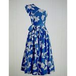 J.Crew One Shoulder Midi Dress Blue Floral Ruffle Pockets Cotton Tie Waist Sz 20 Photo 1