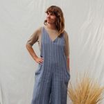 đź’•FRESH LAUNDRYđź’• 100% Linen Cropped Wide Leg Jumpsuit Blue Large *Flawed* NWOT Photo 12