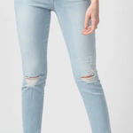 Frame  Le High Skinny jeans Size 26 in a light blue wash with distressed knees. Photo 0