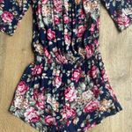 Kori America  Navy Floral Off Shoulder Romper S Boho Ruffle Festival Beach Vacay Photo 2