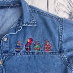 Solutions Denim Christmas Holiday Denim Button Up Shirt Embroidered Small Ugly Blue Photo 6