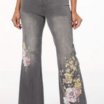 Diane Gilman DG2 Floral Embroidered Wide Leg Stretch Jean Grey 12 Raw Hem Gray Photo 0