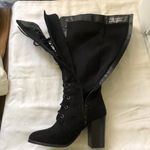 Black fabric suede lace up over the knee knee high boots 3”’block heels Size 6 Photo 2