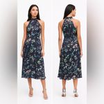 Banana Republic  Dress Halter Floral Satin Midi Navy Blue High Neck Ruffle 0P Photo 1