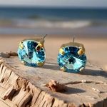 Handcrafted petite stud earrings with sparkly aqua Swarovski crystals Gold Photo 0
