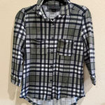 Polly Esther Women's Plaid Flannel Button Down Shirt Top Green Black White Photo 0