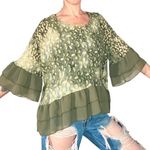 Umgee NWT Olive Green Floral Velvet Flare Sleeve Blouse Photo 0