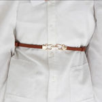 Stylish PU Leather Thin Belt Metal Simple‎ Hook Buckle Adjustable Waist Strap Tan Photo 3