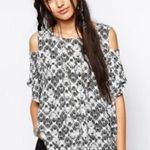 Free People Black White Bohemian Printed Soft Cold Shoulder Short Sleeve Tee Photo 0