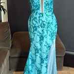 Women’s Blue Mermaid Fit Prom Party Dress Sparkly Sequins Leg Slit Size 12 Photo 0