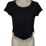 Blue B Ribbed Scoop Neck Rhinestone Fringe Cropped Top Women XS Short Sleeve New Black Photo 0