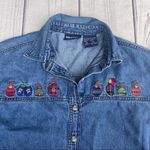 Solutions Denim Christmas Holiday Denim Button Up Shirt Embroidered Small Ugly Blue Photo 4
