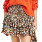 PERSEVERANCE London Poppy Floral Mini Skirt Smocked Tiered Ruffle Linen Sz 16 Black Photo 0