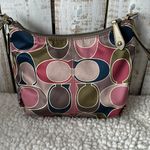 Coach  Ashley Sateen Leather Scarf Print Multicolor Pink Green Crossbody Purse Photo 5