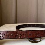 Vintage Floral Cutout Brown Leather Belt w/ Brass Buckle 1.25" Large Photo 4