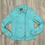 Ruff Hewn  Turquoise Blue Cotton Denim Asymmetrical Zip Short Moto Jacket Size M Photo 0
