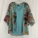 White House | Black Market  Floral Sheer Cardigan V Neck Blouse XS Blue Photo 0