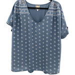 New Tru Self Geometric Boho Dusty Blue Top‎ Cuffed Plus Size 3X Casual Woven Photo 0