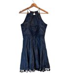 Parker S Sandra Tassel Trim Chambray embroidered halter denim Dress Photo 3