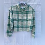 American Eagle AE Cozy Cropped Flannel Shirt Size M in a mint Green & Creme Plaid Pattern Photo 3