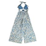 Free People  FP Women’s Kira Halter Neck Wide Leg Jumpsuit Blue White Print Photo 6