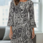 Diane Von Furstenberg DVF Gaby Gray Floral Jacquard Wool Knit Bell Sleeve V-Neck Dress Size 2 Photo 0