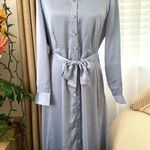 Amour Vert Joyce Satin Belted Shirt Dress in Horizon Light Blue Photo 5