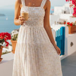 Greylin Cladelle Wide Strap Bodice Cinched Cottagecore Midi Dress Ivory Yellow Photo 0